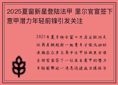 2025夏窗新星登陆法甲 里尔官宣签下意甲潜力年轻前锋引发关注 2025夏窗新星登陆法甲 里尔官宣签下意甲潜力年轻前锋引发关注
