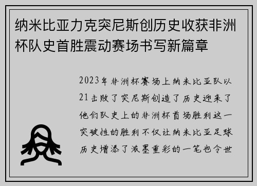 纳米比亚力克突尼斯创历史收获非洲杯队史首胜震动赛场书写新篇章
